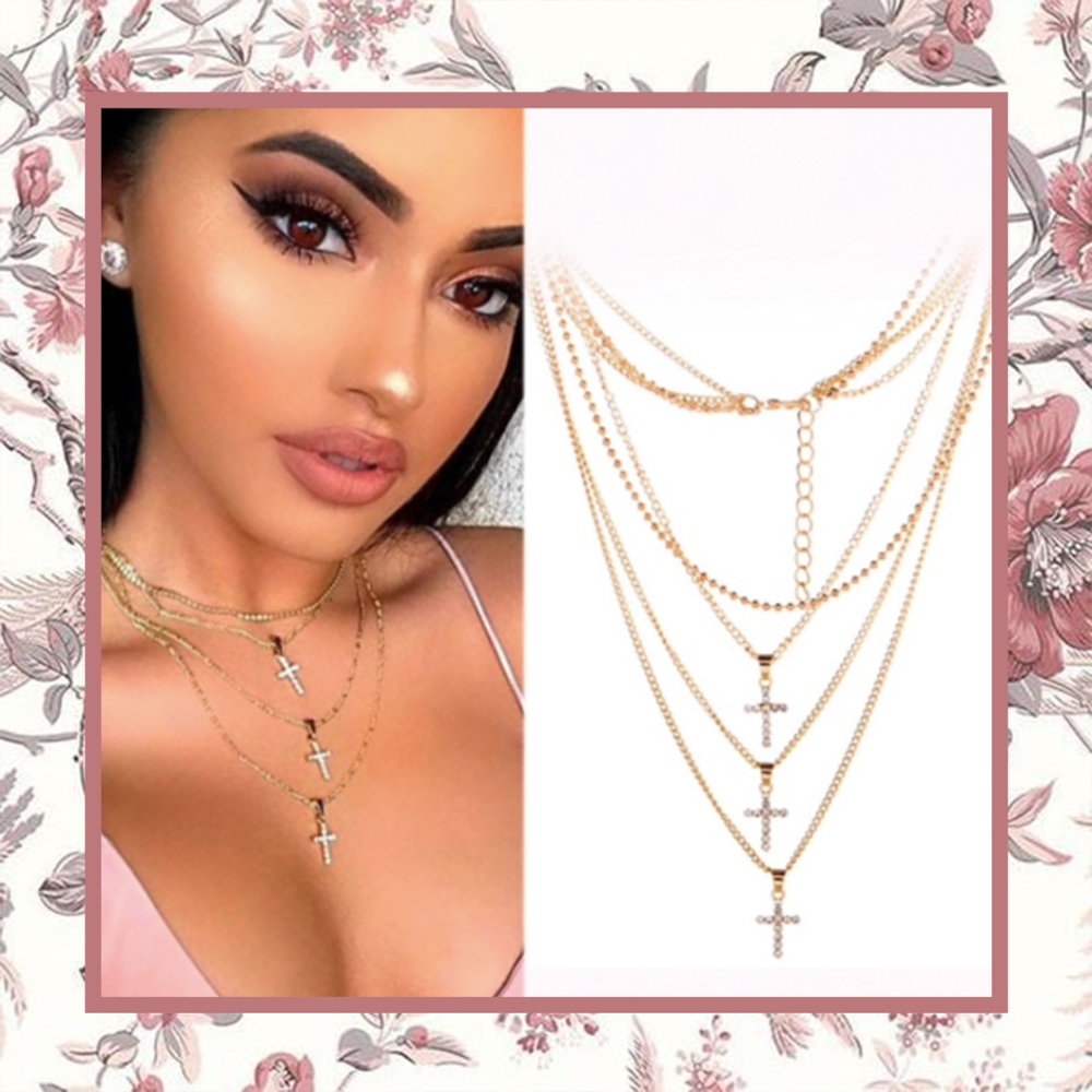 🎀  SILVER CROSS LAYER BLING NECKLACE BOHO DIAMOND RHINESTONE SPARKLE CHAIN STYLE
